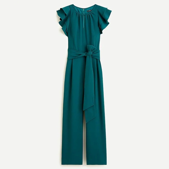 J. Crew Ruffle Sleeve Jumpsuit in 365 Crepe Emerald Green Sz 16 NWT - Picture 3 of 12
